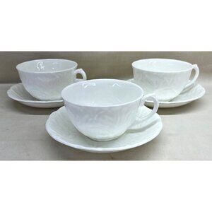 3 Original Coalport Countryware White Cabbage Leaf Cups & Saucers Pre Wedgwood